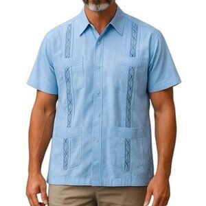 Haband Guayabera Shirt Men Size 3XL Blue Front Zip Short Sleeve 4 Front Pockets